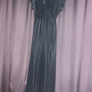 Baltic Born Dress Womens Blue-Green Satin Pleated Flowy Maxi Textured VNECK